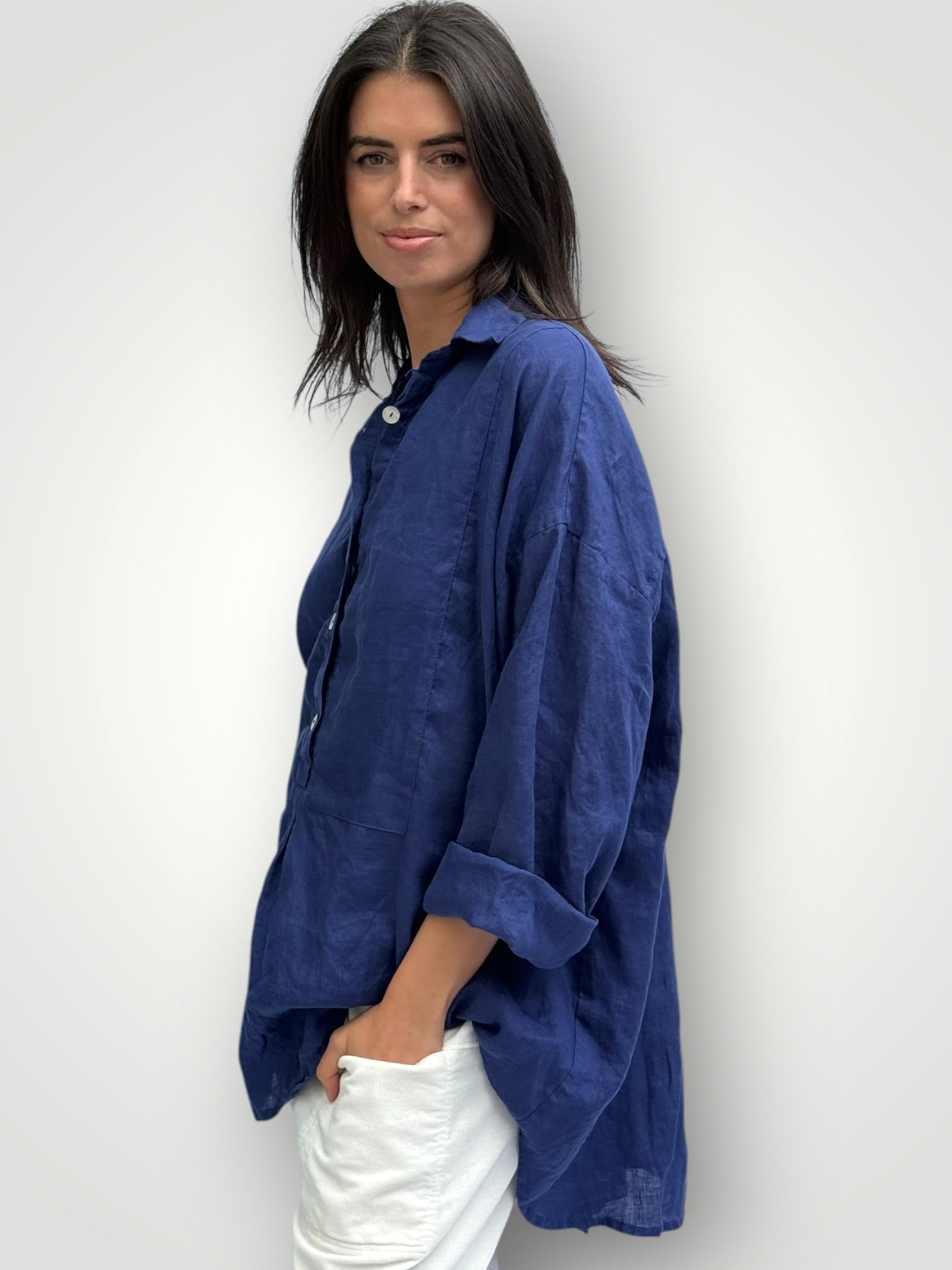megan shirt - blue dusk linen Apparel