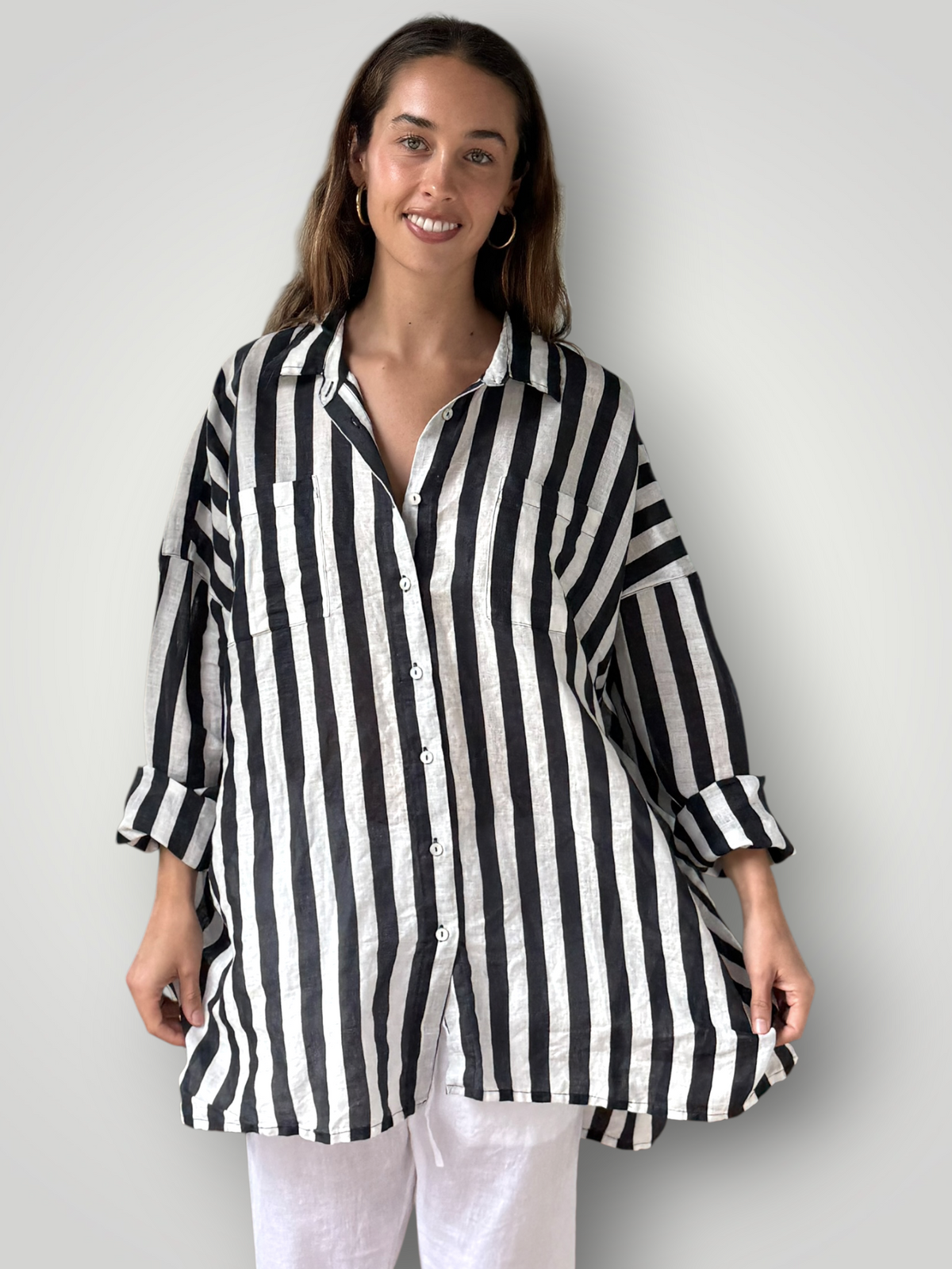 aiden boyfriend shirt -charcoal stripe linen Apparel