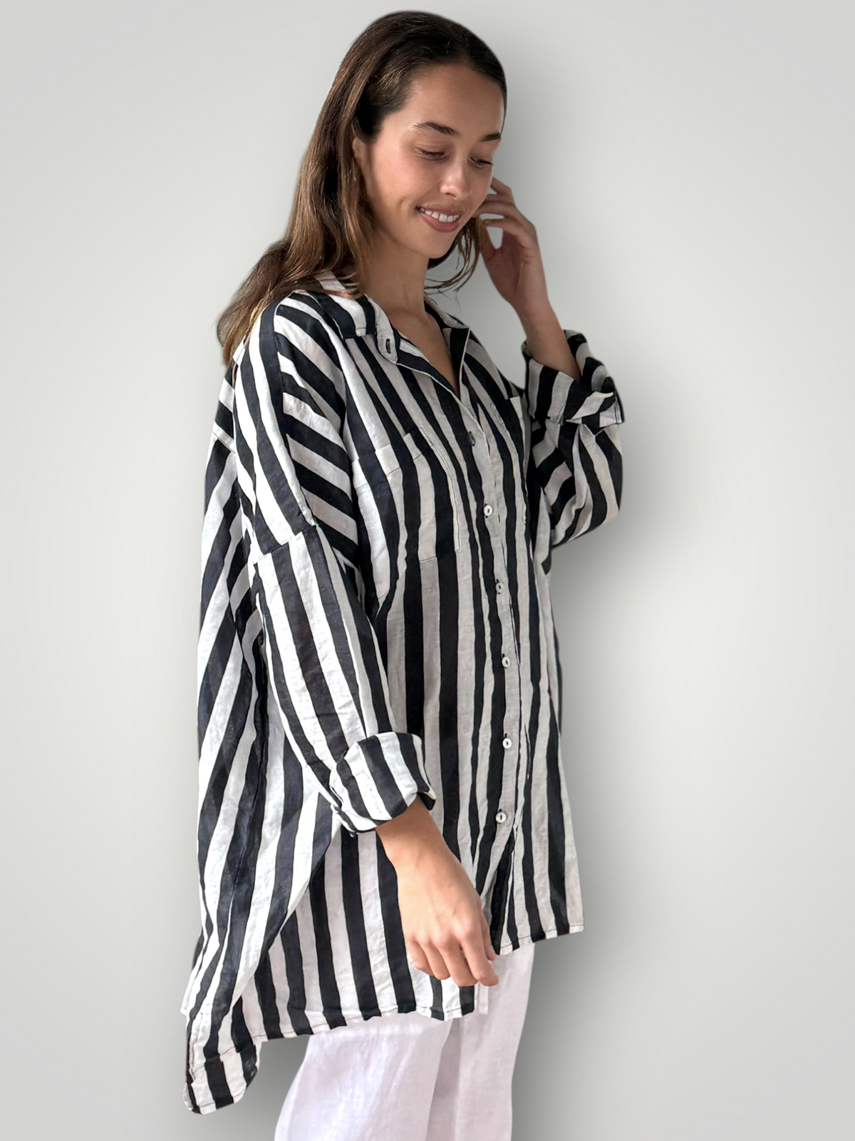 aiden boyfriend shirt -charcoal stripe linen Apparel