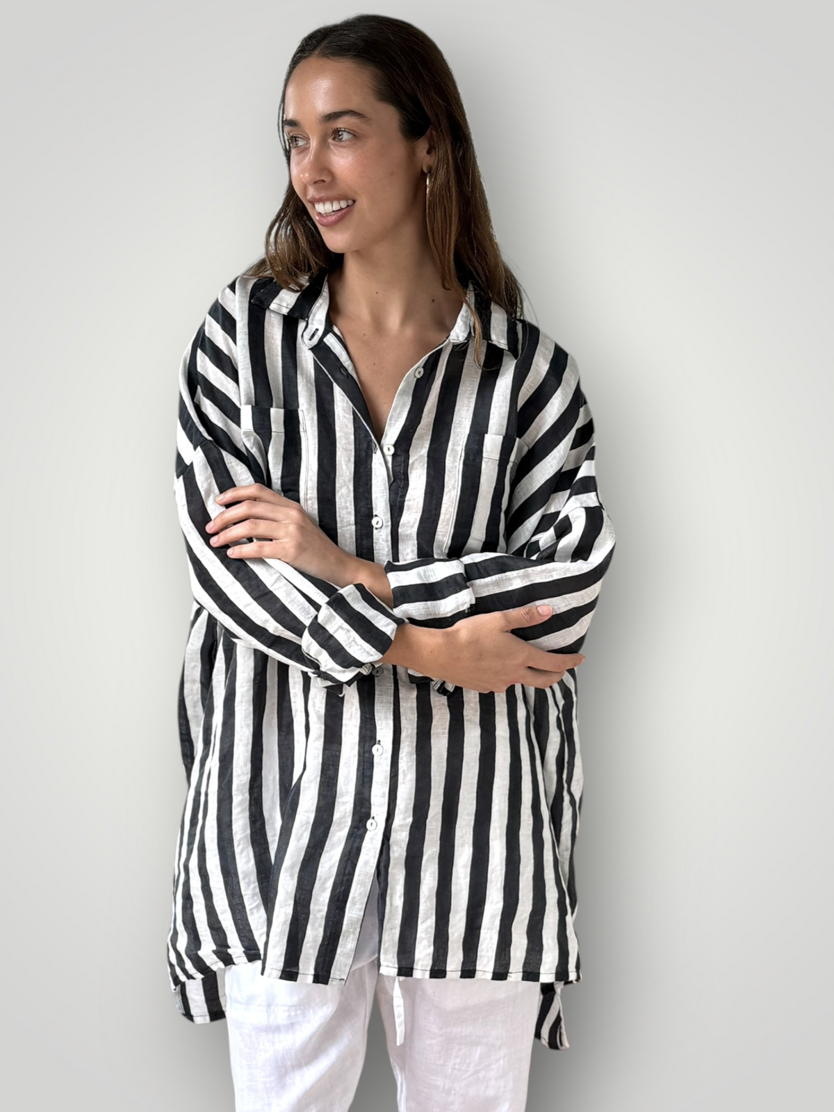aiden boyfriend shirt -charcoal stripe linen Apparel