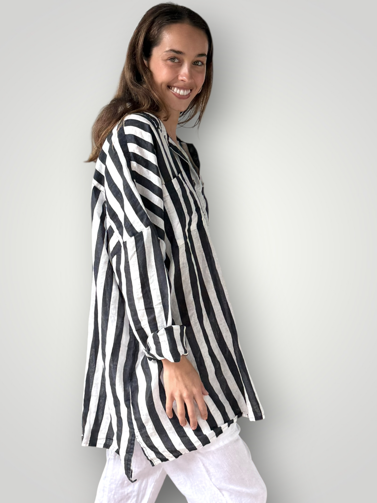 aiden boyfriend shirt -charcoal stripe linen Apparel