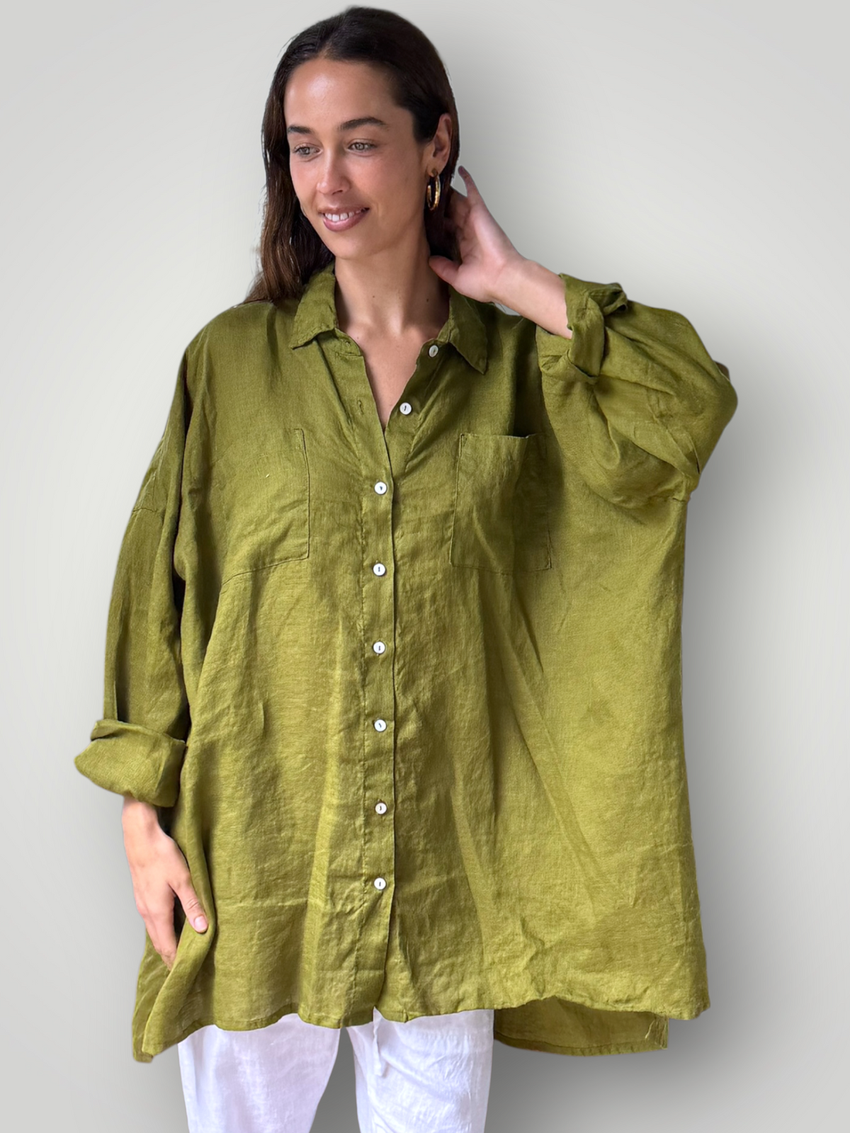 aiden boyfriend shirt -olive linen Apparel