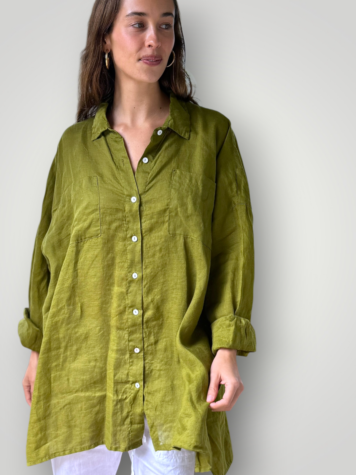 aiden boyfriend shirt -olive linen Apparel