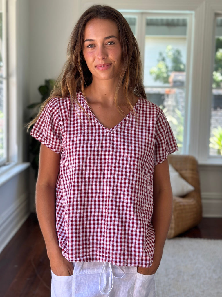 ellie top v neck - red gingham cotton Apparel  