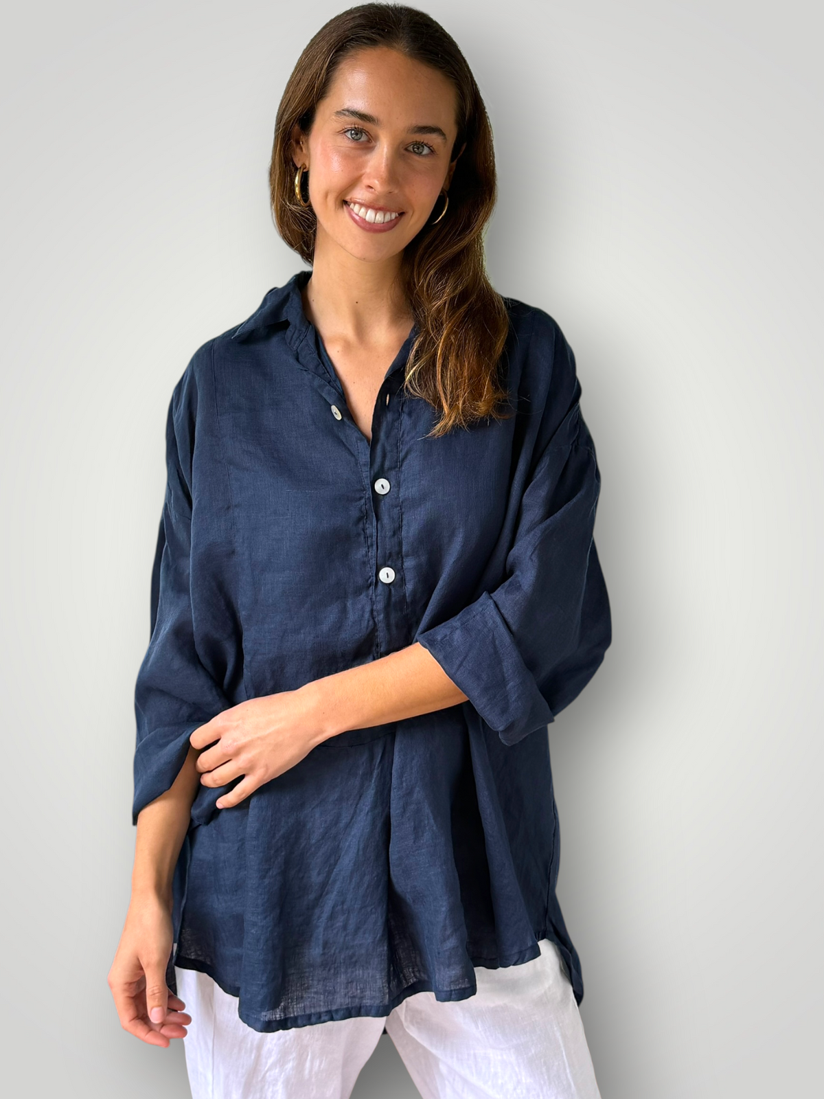 megan shirt - navy linen Apparel