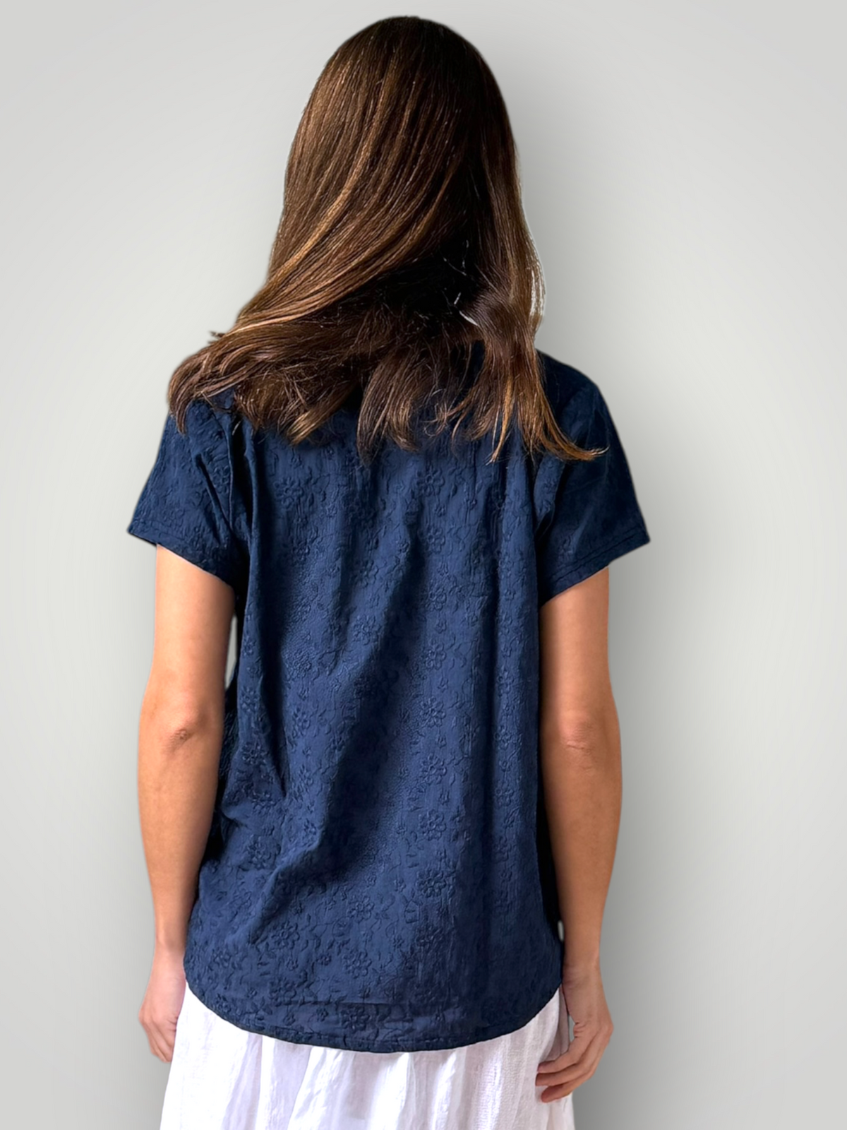 ellie v neck-navy cotton embroidery Apparel