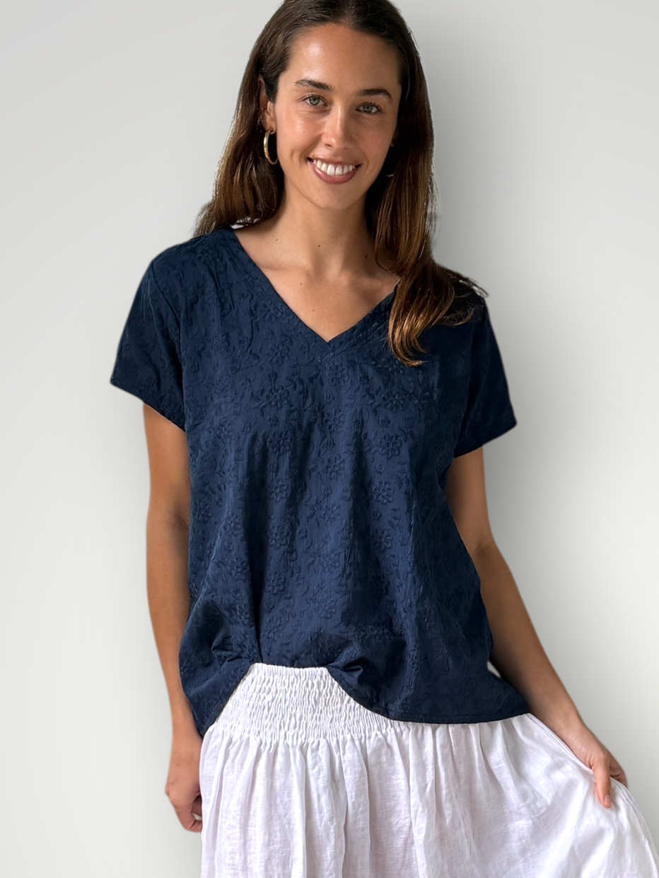 ellie v neck-navy cotton embroidery Apparel