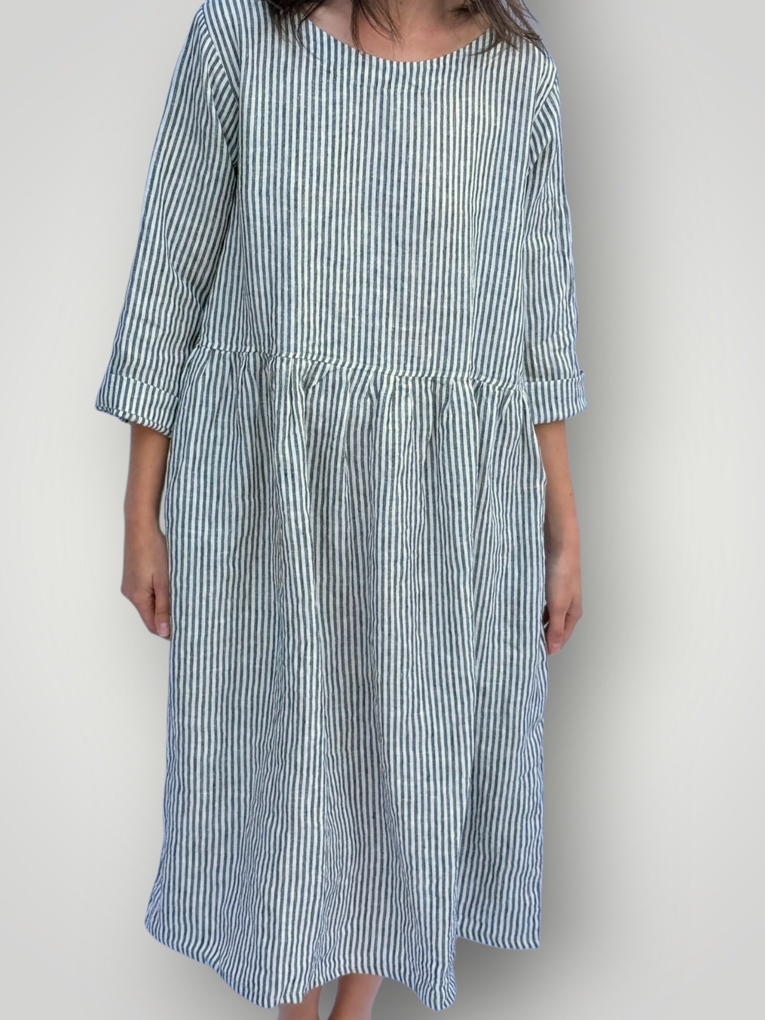 april dress - charcoal stripe linen Apparel