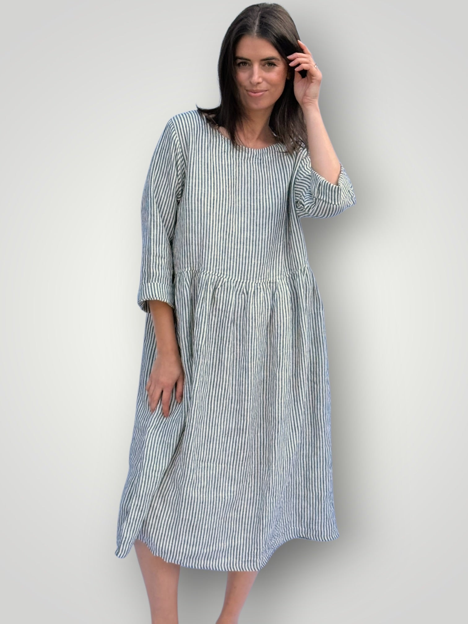 april dress - charcoal stripe linen Apparel