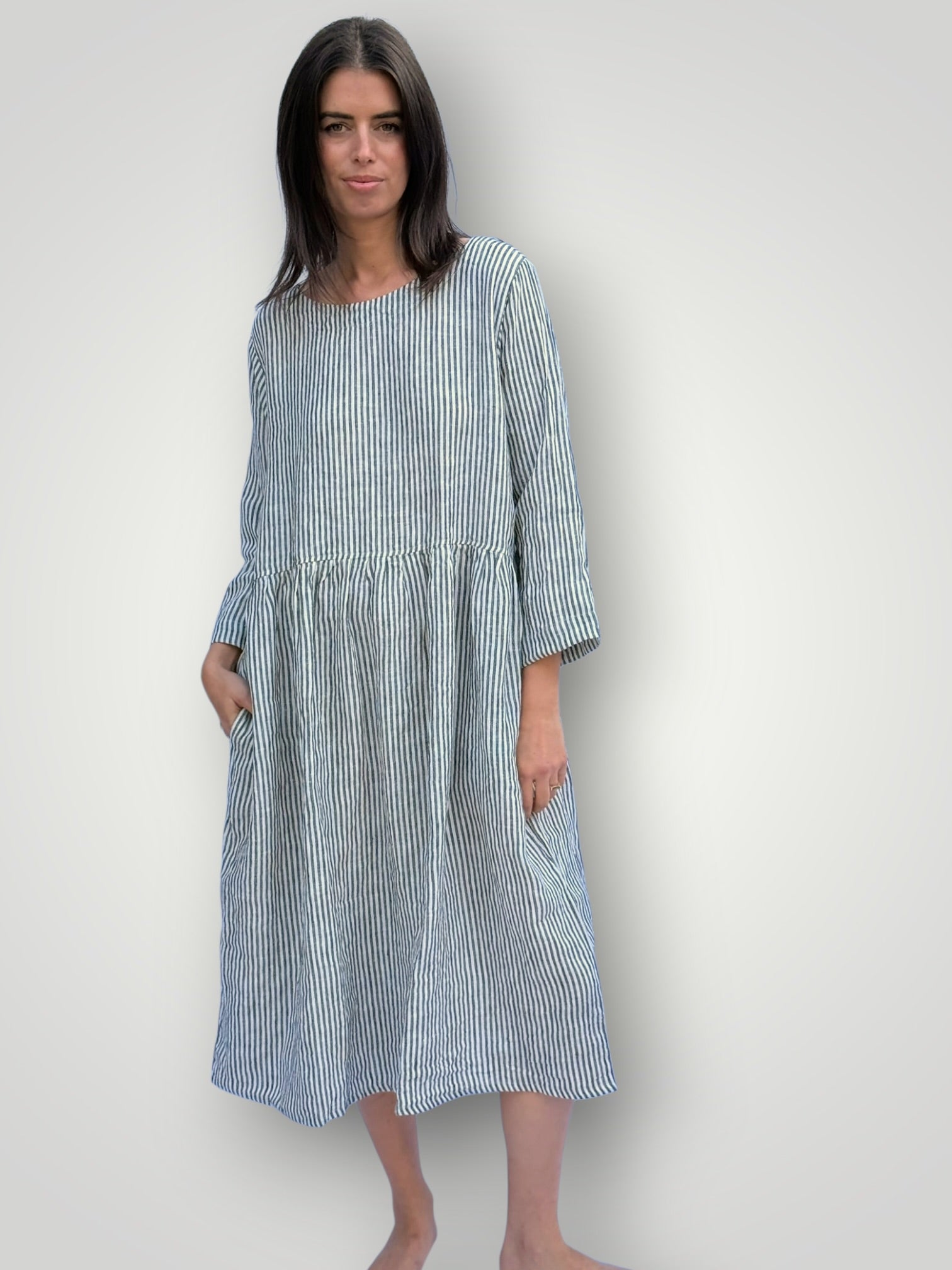 april dress - charcoal stripe linen Apparel