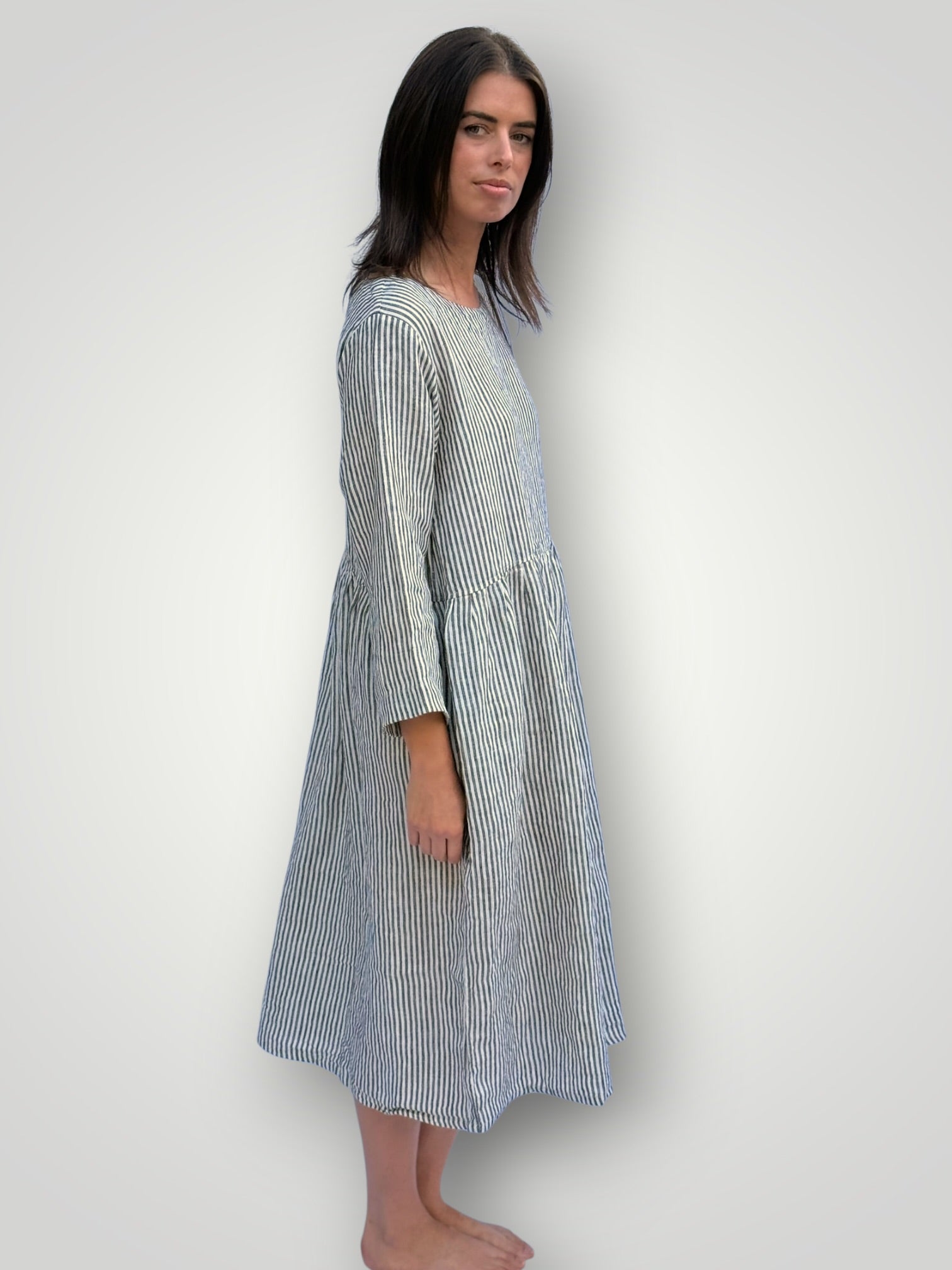 april dress - charcoal stripe linen Apparel