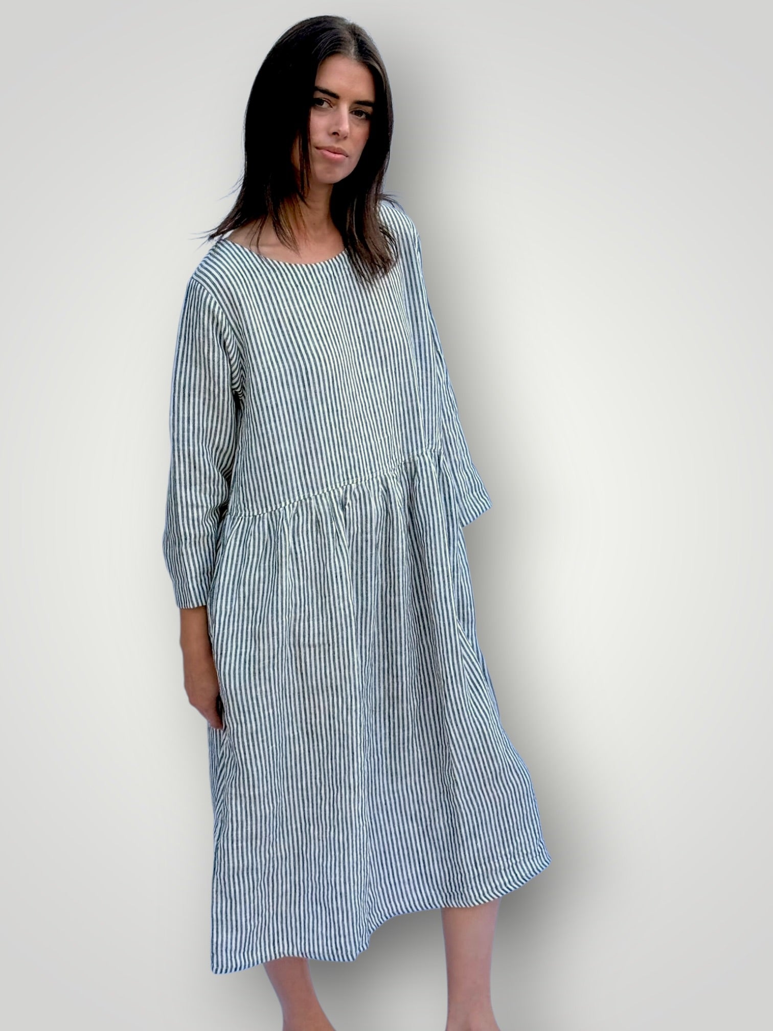 april dress - charcoal stripe linen Apparel