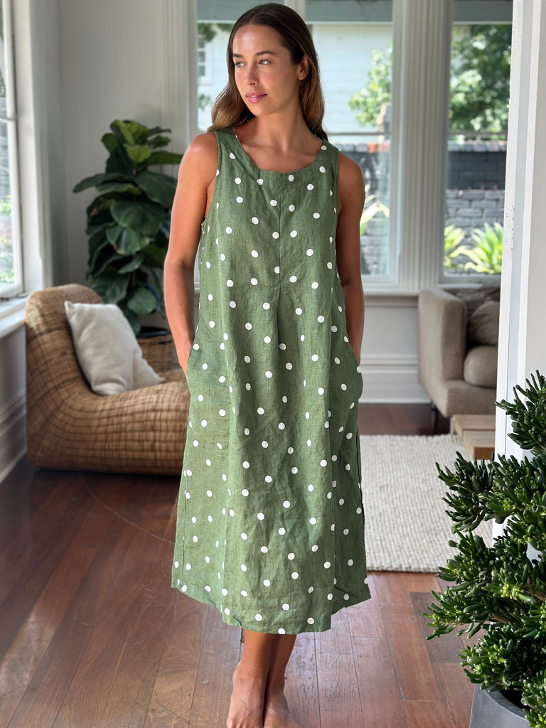 becky dress - moss spot linen Apparel