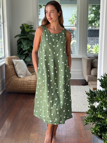 becky dress - moss spot linen Apparel