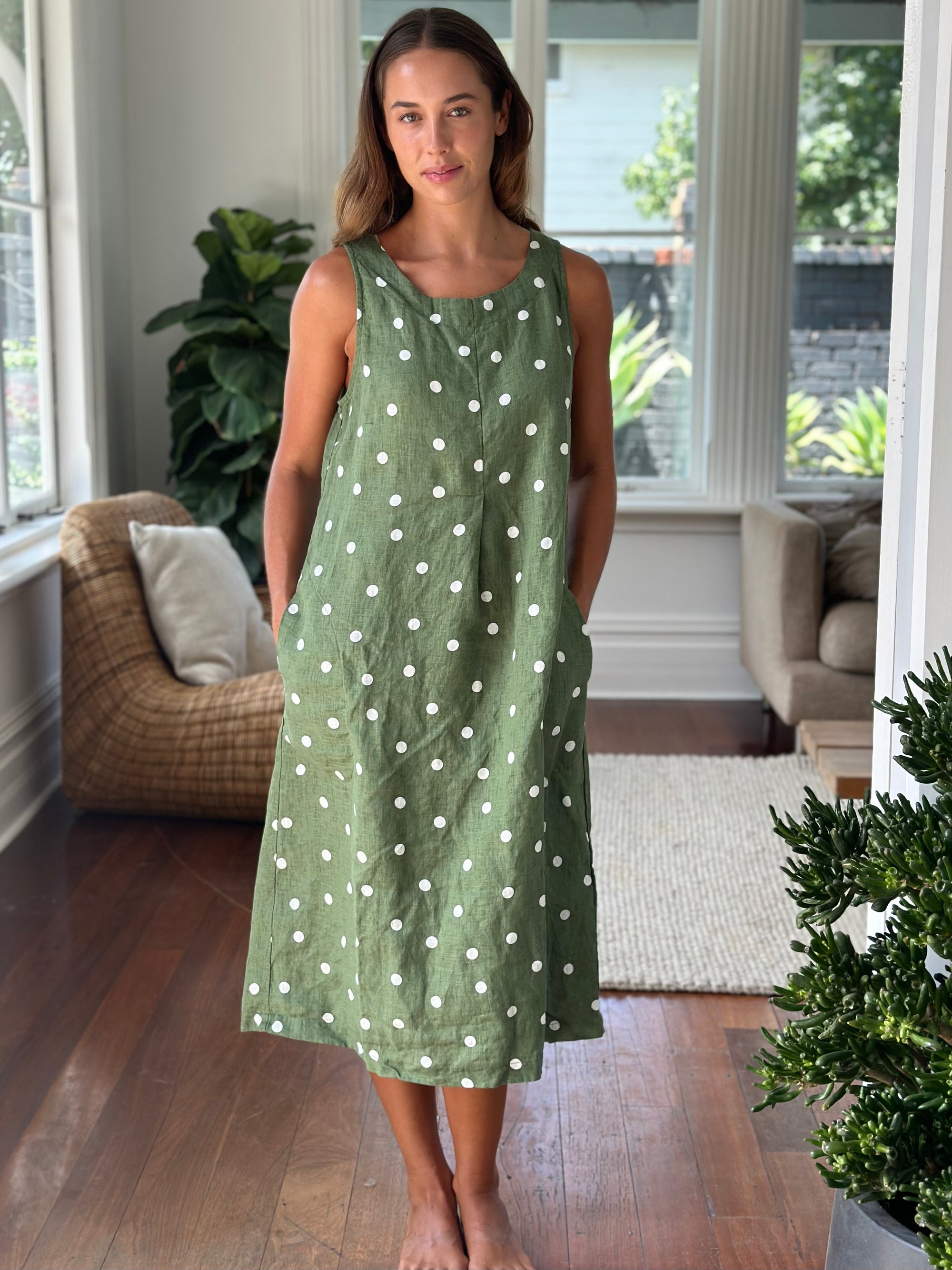 becky dress - moss spot linen Apparel