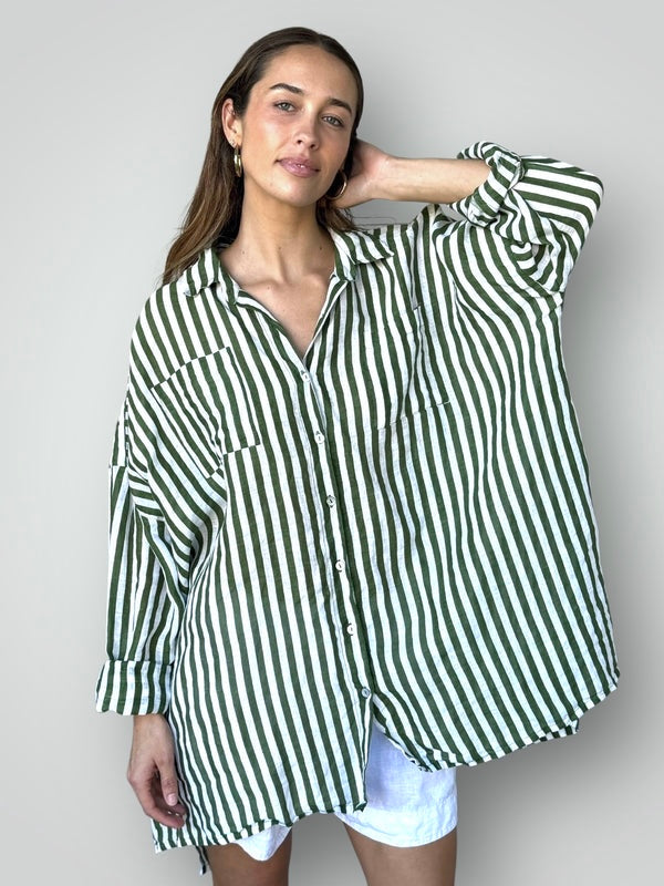 aiden boyfriend shirt -moss stripe linen Apparel