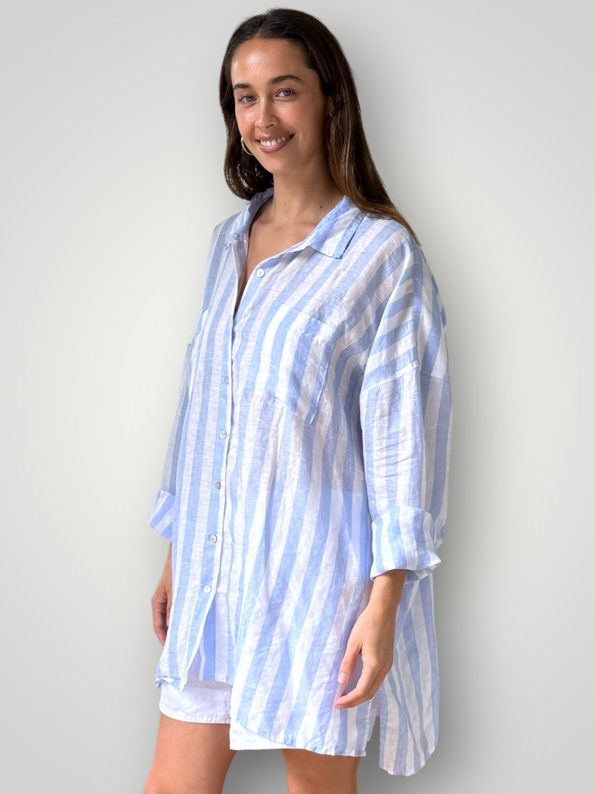 aiden boyfriend shirt -soft blue stripe linen Apparel