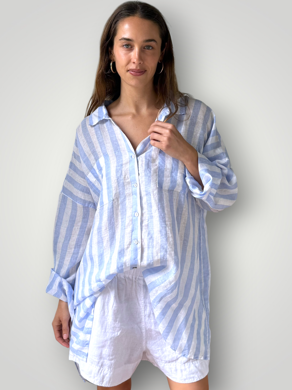 aiden boyfriend shirt -soft blue stripe linen Apparel