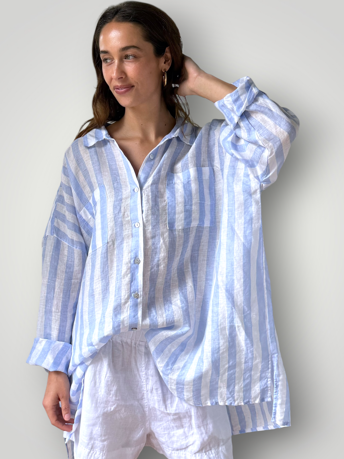 aiden boyfriend shirt -soft blue stripe linen Apparel