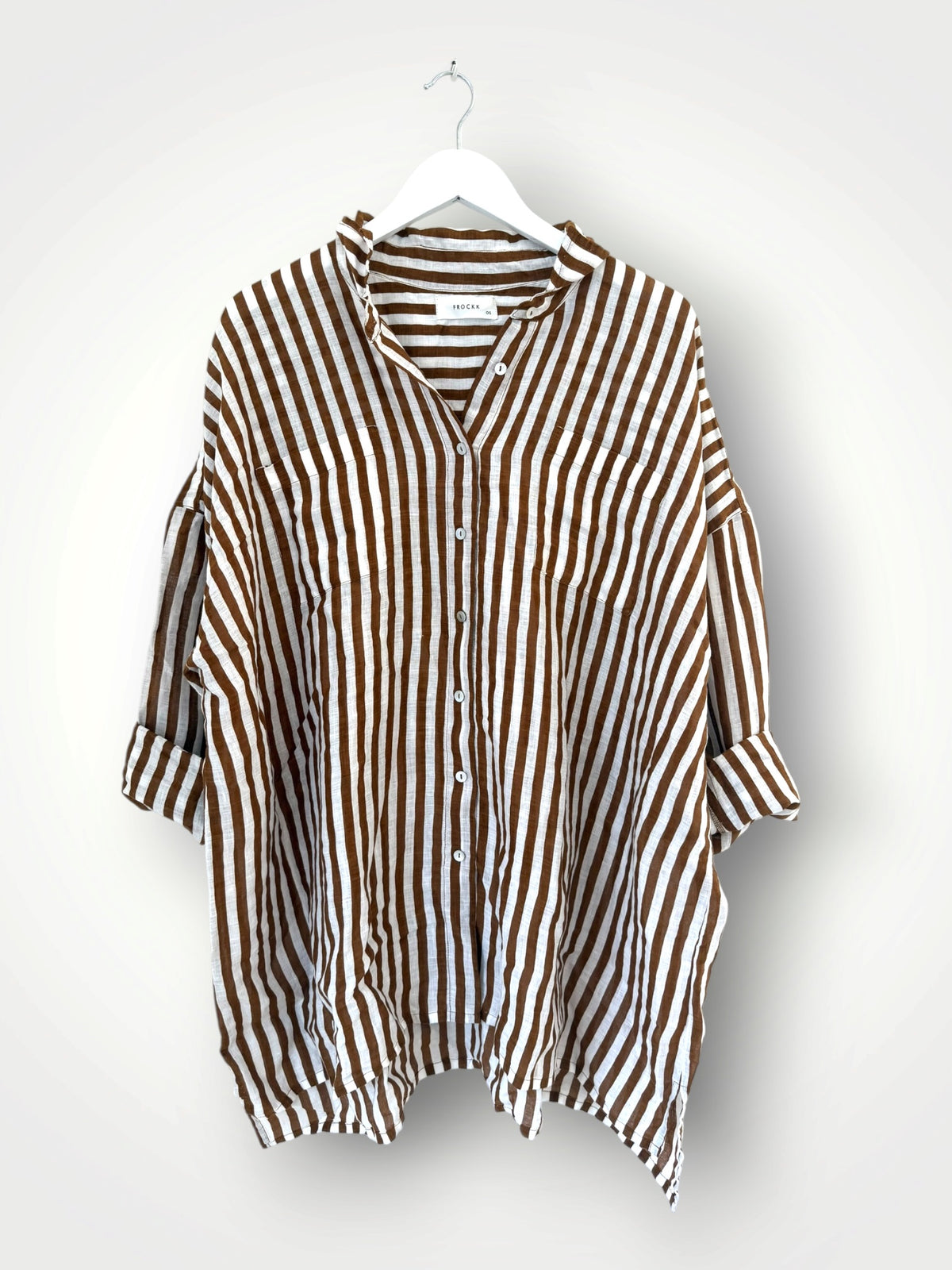 aiden boyfriend shirt -small caramel stripe linen Apparel