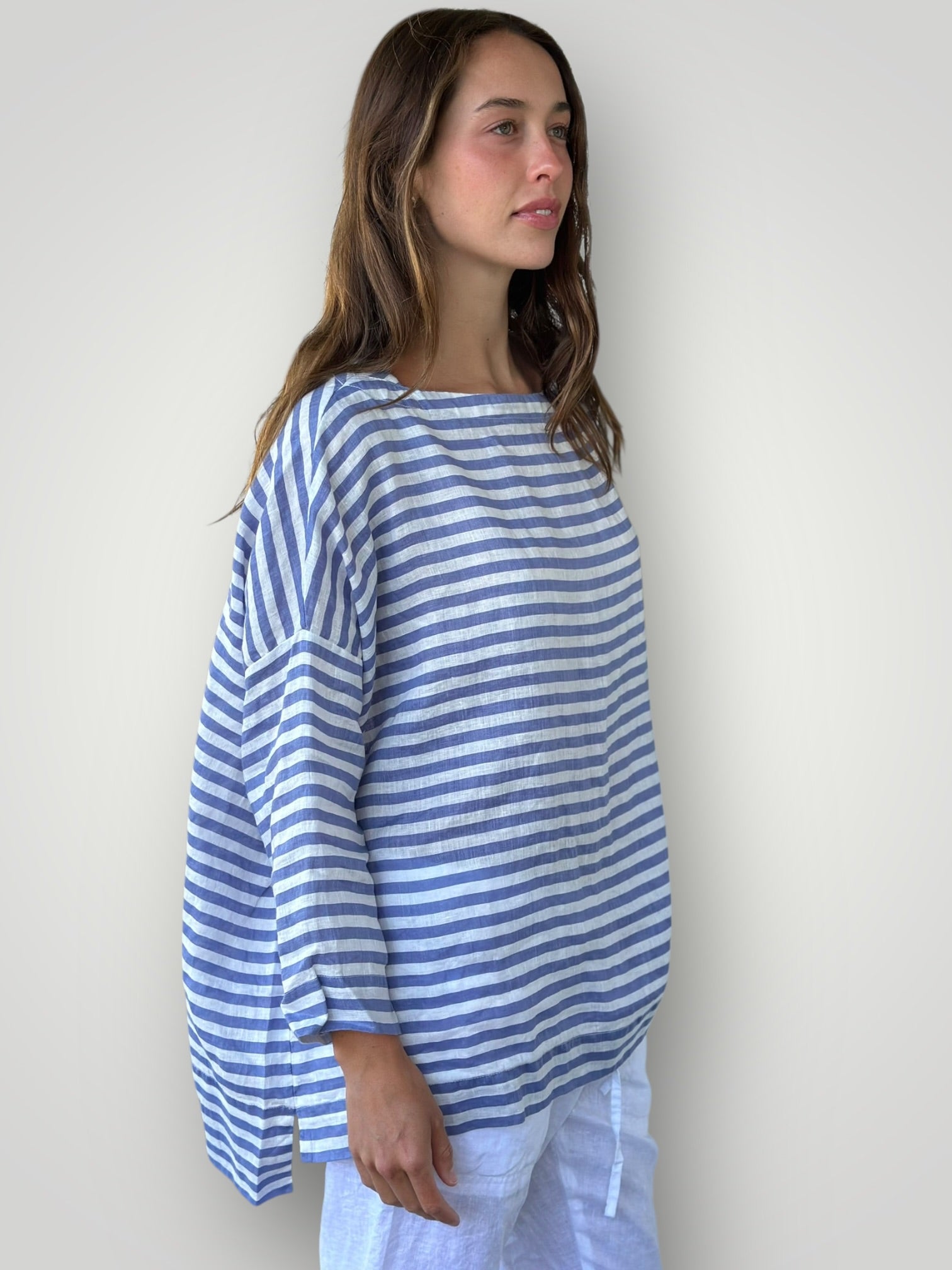 avril top - small cornflower stripe linen Apparel