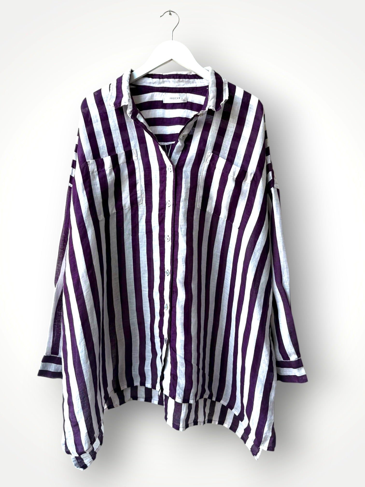 aiden boyfriend shirt -eggplant stripe linen Apparel