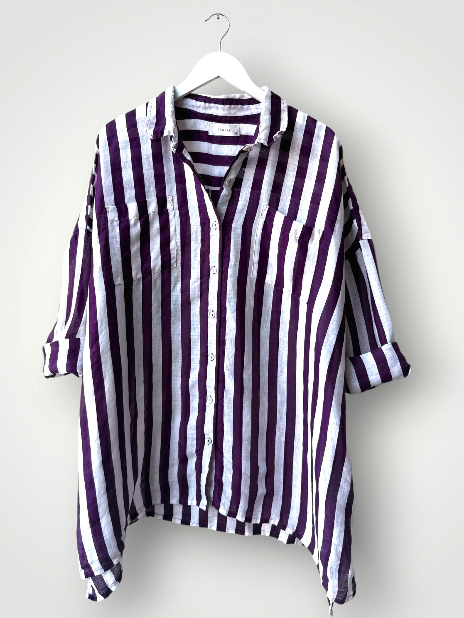 aiden boyfriend shirt -eggplant stripe linen Apparel