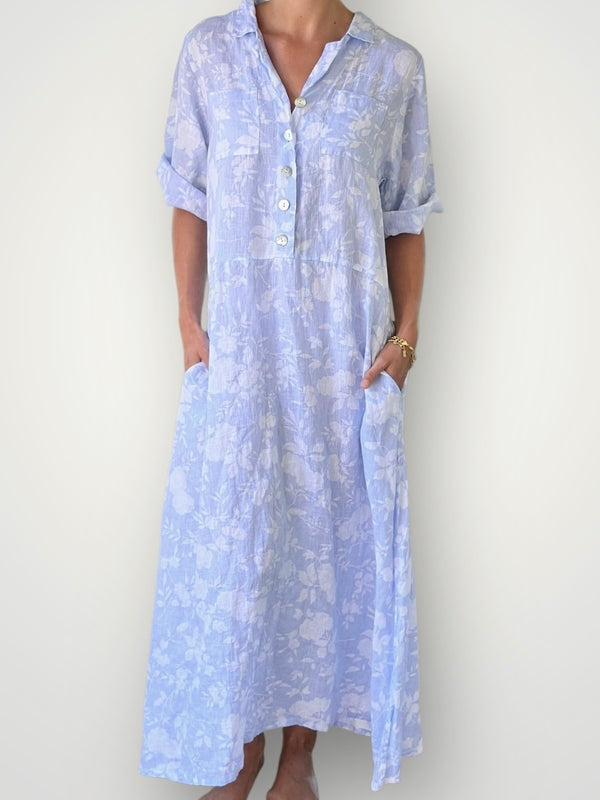 bridget dress - soft blue/white big flower linen Apparel