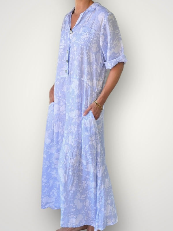 bridget dress - soft blue/white big flower linen Apparel