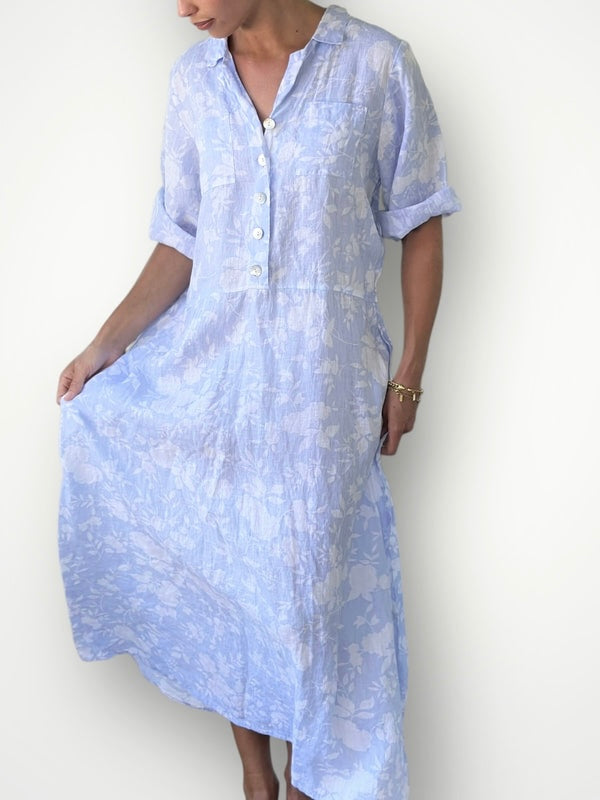 bridget dress - soft blue/white big flower linen Apparel