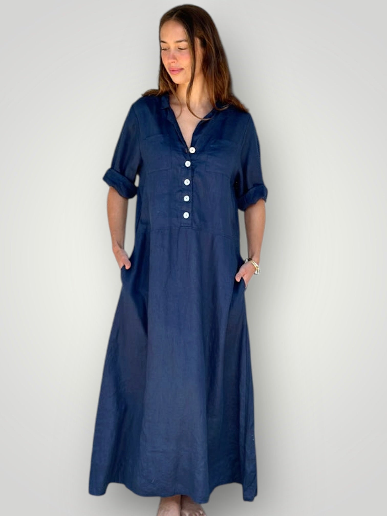 bridget dress -navy linen Apparel