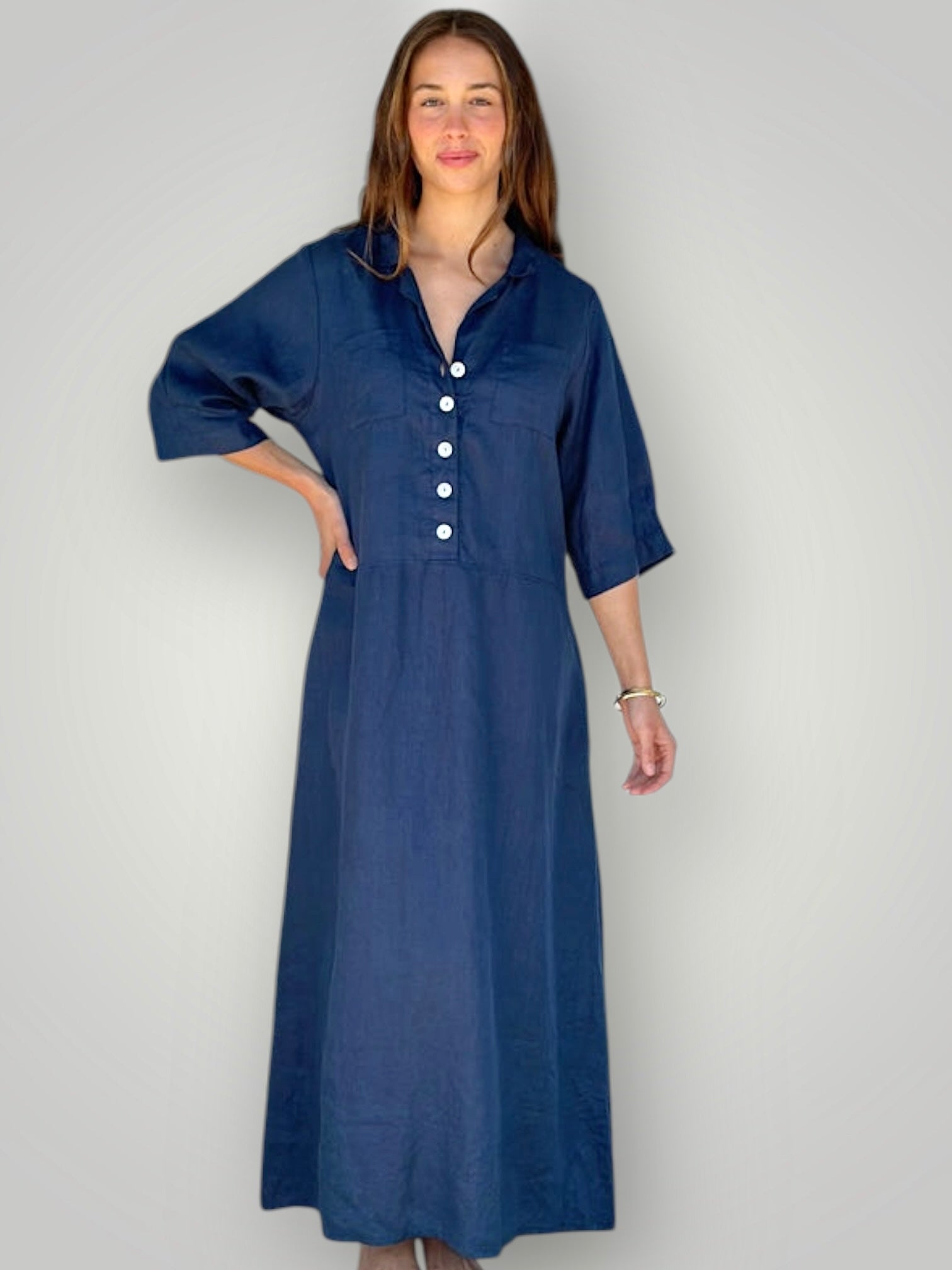 bridget dress -navy linen Apparel
