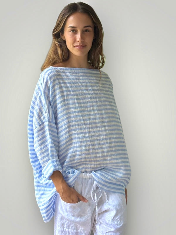 avril top - sky blue stripe linen Apparel