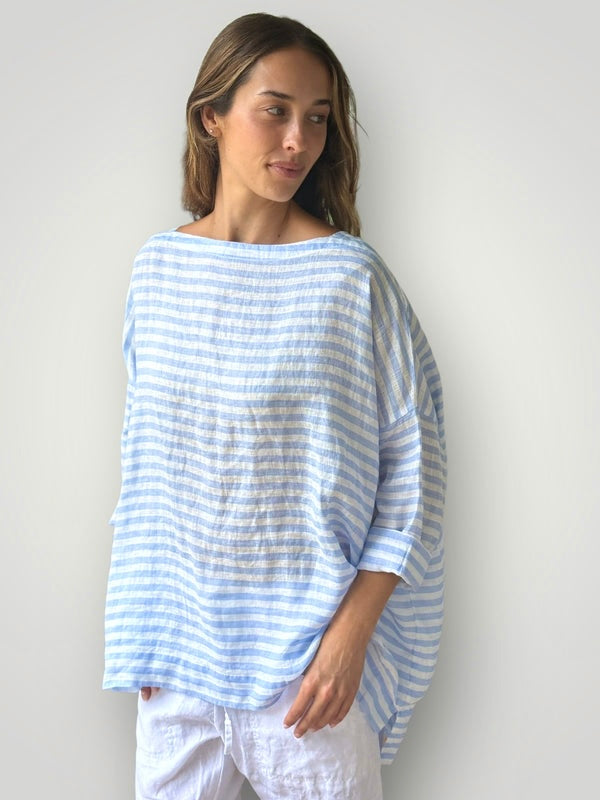avril top - sky blue stripe linen Apparel