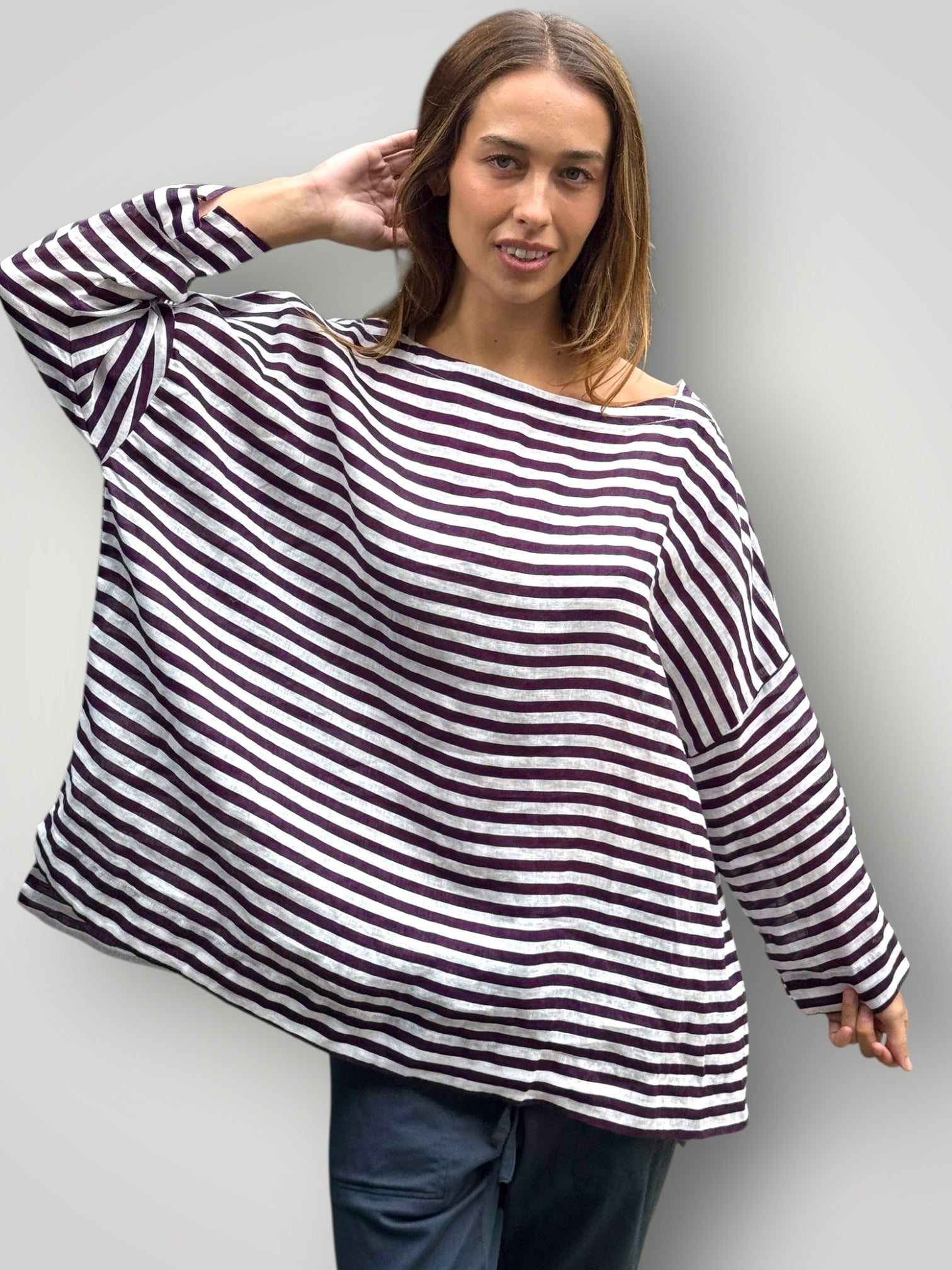 avril top - eggplant stripe linen Apparel