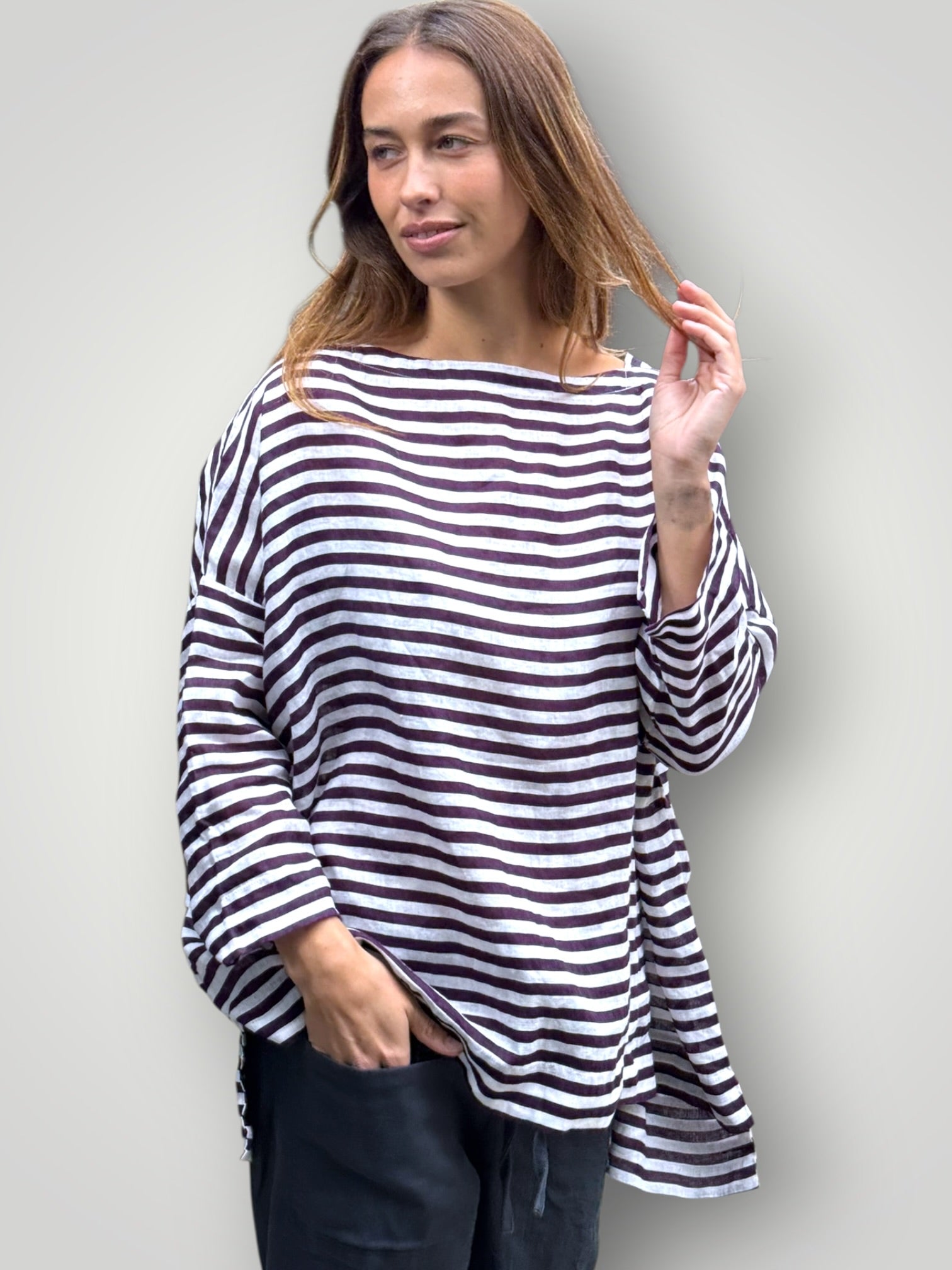avril top - eggplant stripe linen Apparel