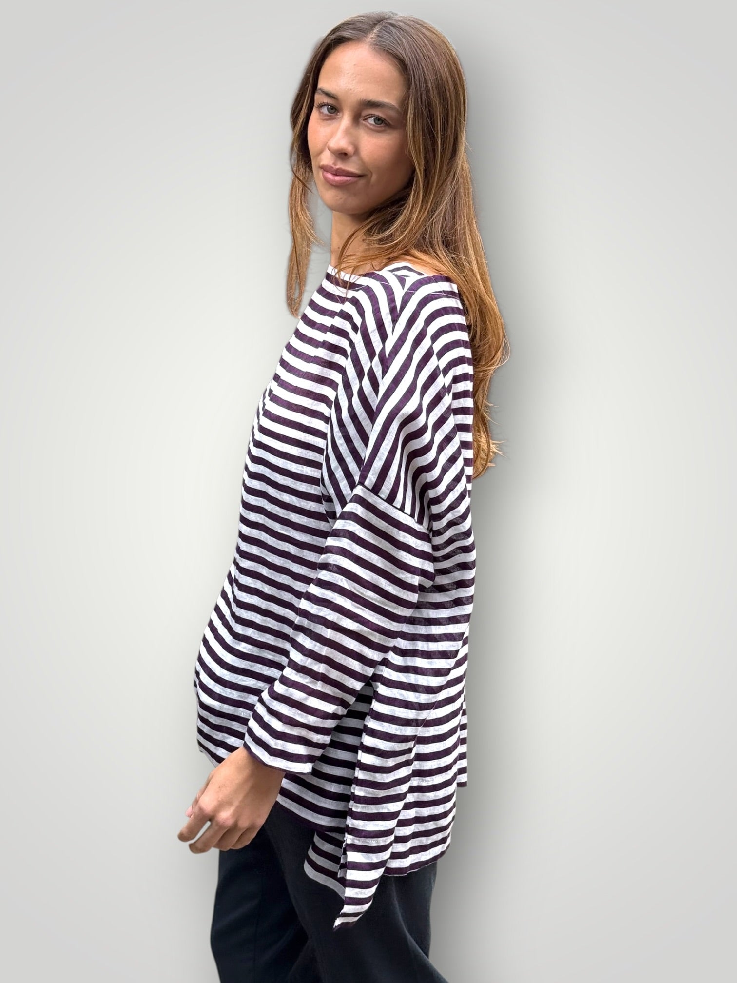 avril top - eggplant stripe linen Apparel