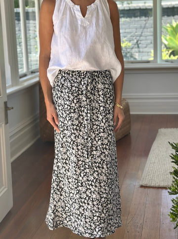 anthea skirt - black floral linen Apparel  