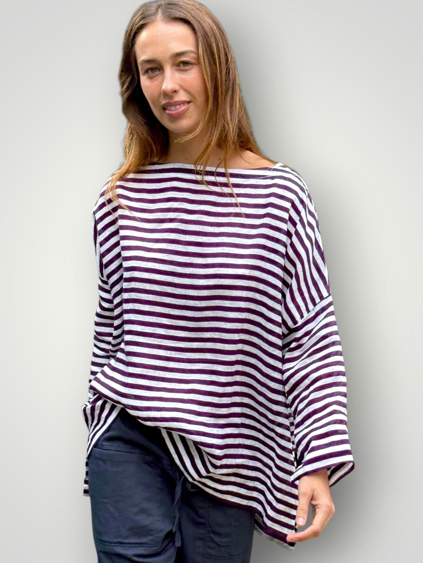 avril top - eggplant stripe linen Apparel