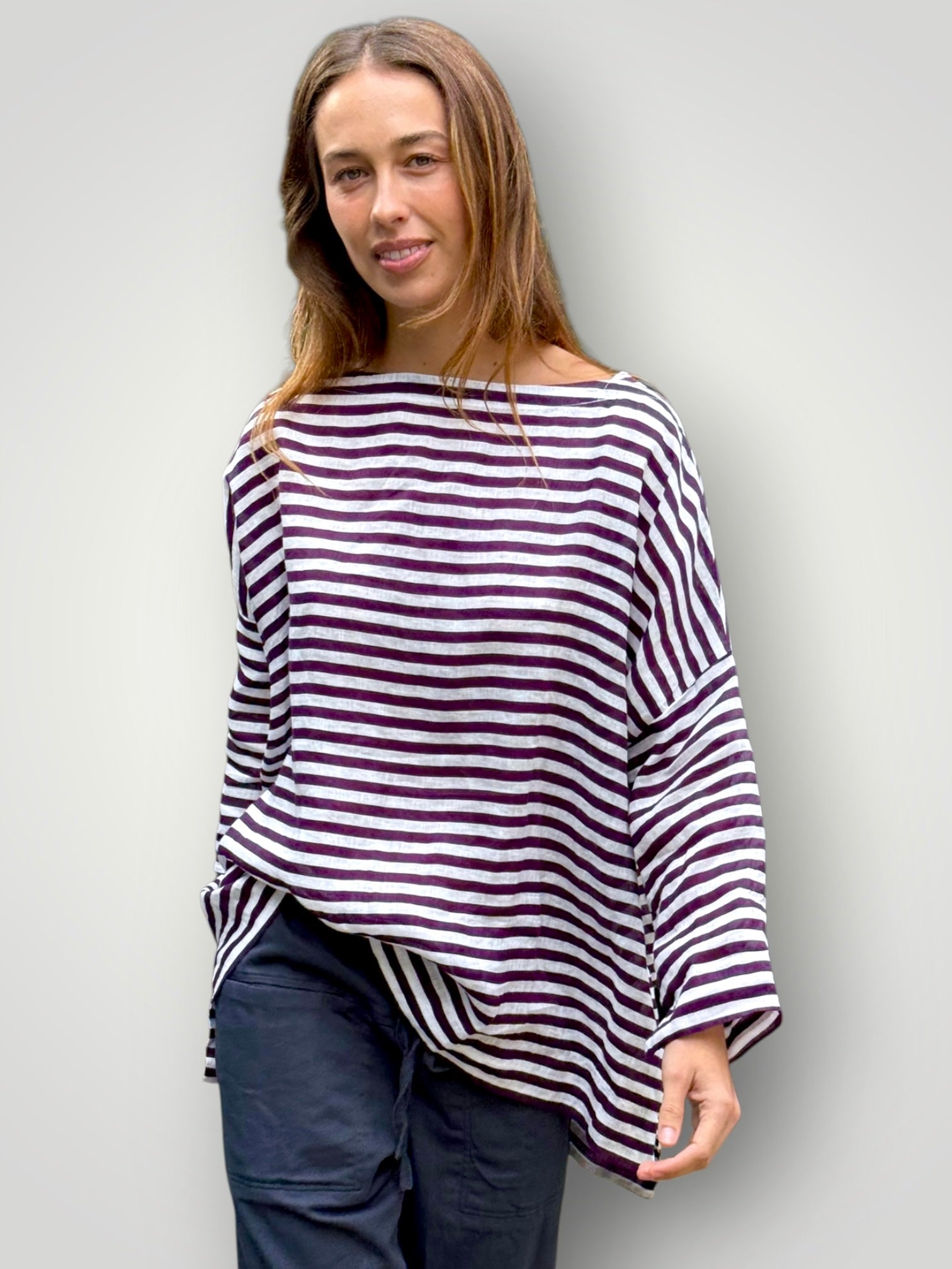 avril top - eggplant stripe linen Apparel