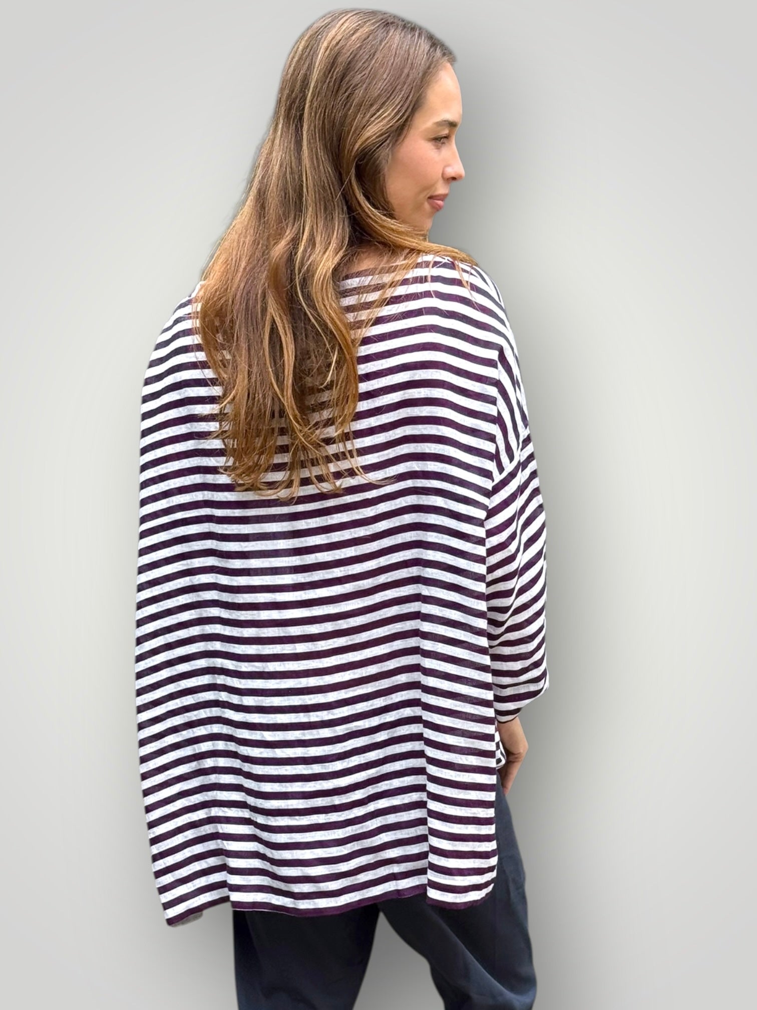 avril top - eggplant stripe linen Apparel