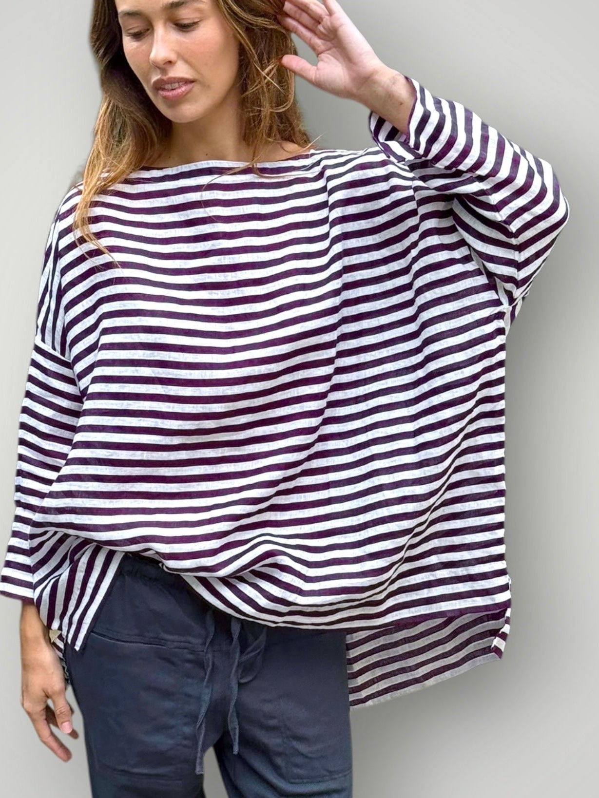 avril top - eggplant stripe linen Apparel