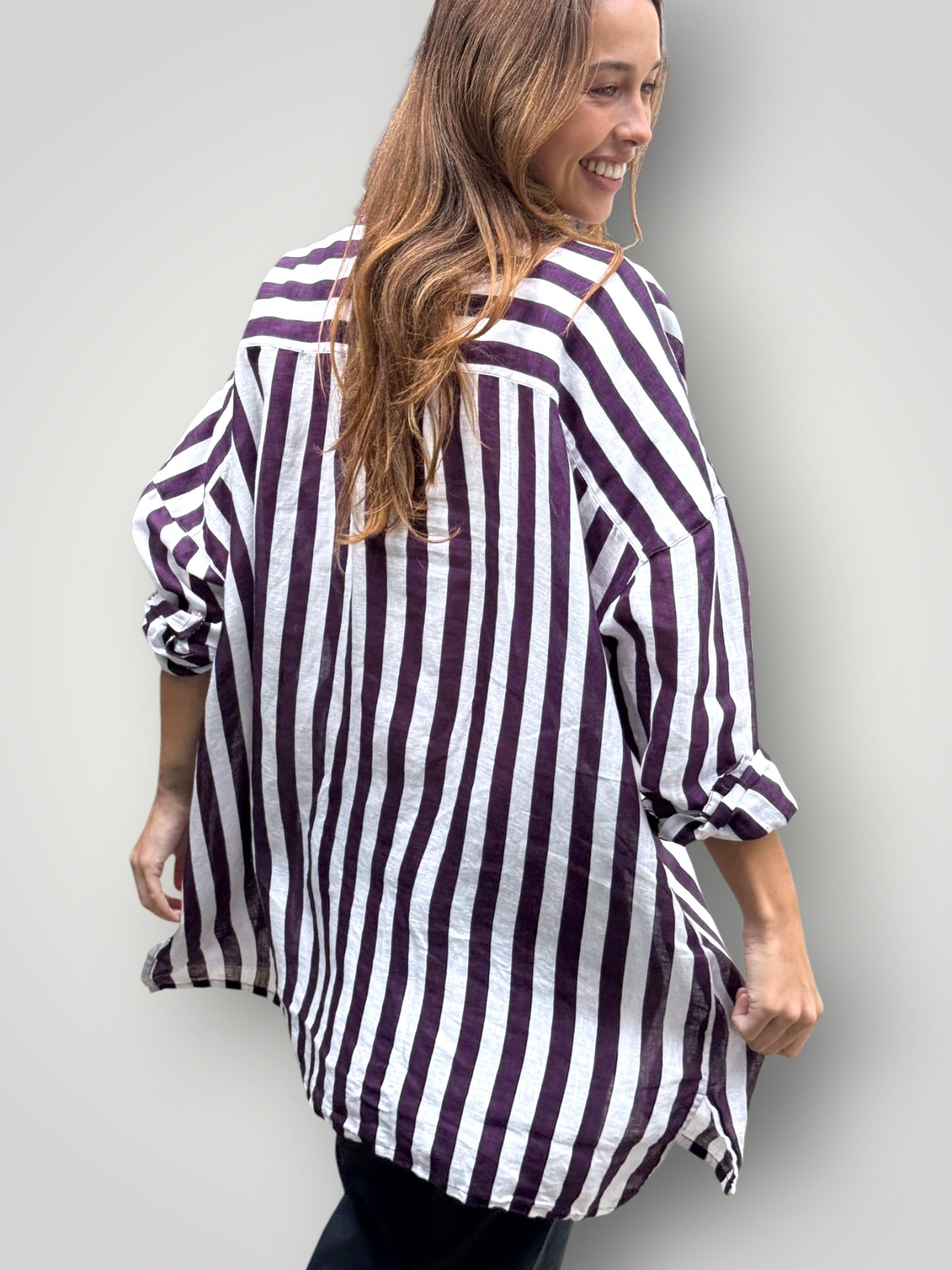 aiden boyfriend shirt -eggplant stripe linen Apparel