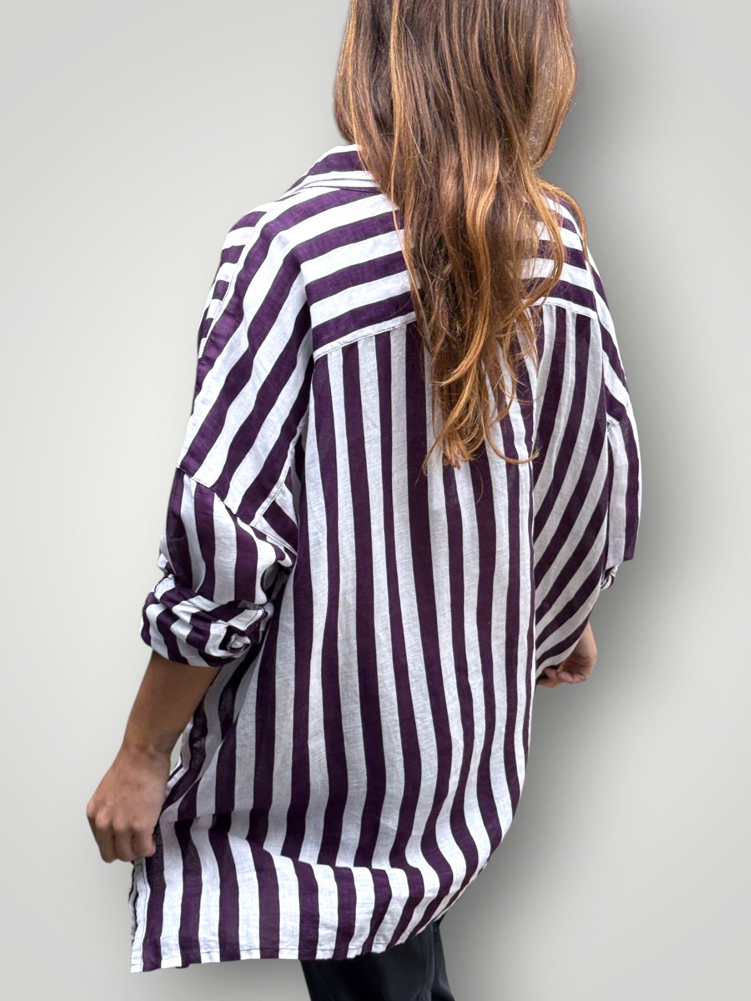 aiden boyfriend shirt -eggplant stripe linen Apparel