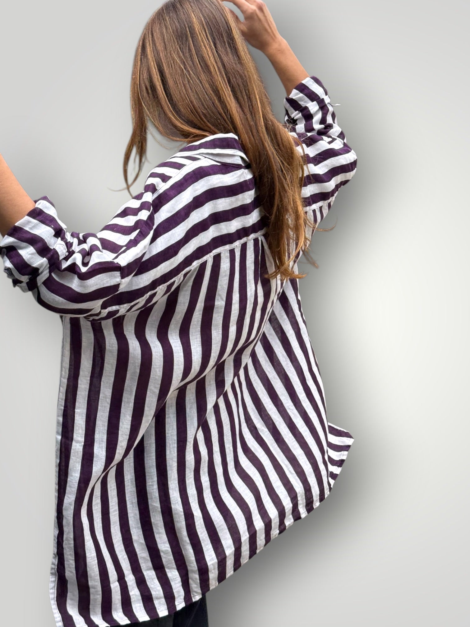 aiden boyfriend shirt -eggplant stripe linen Apparel