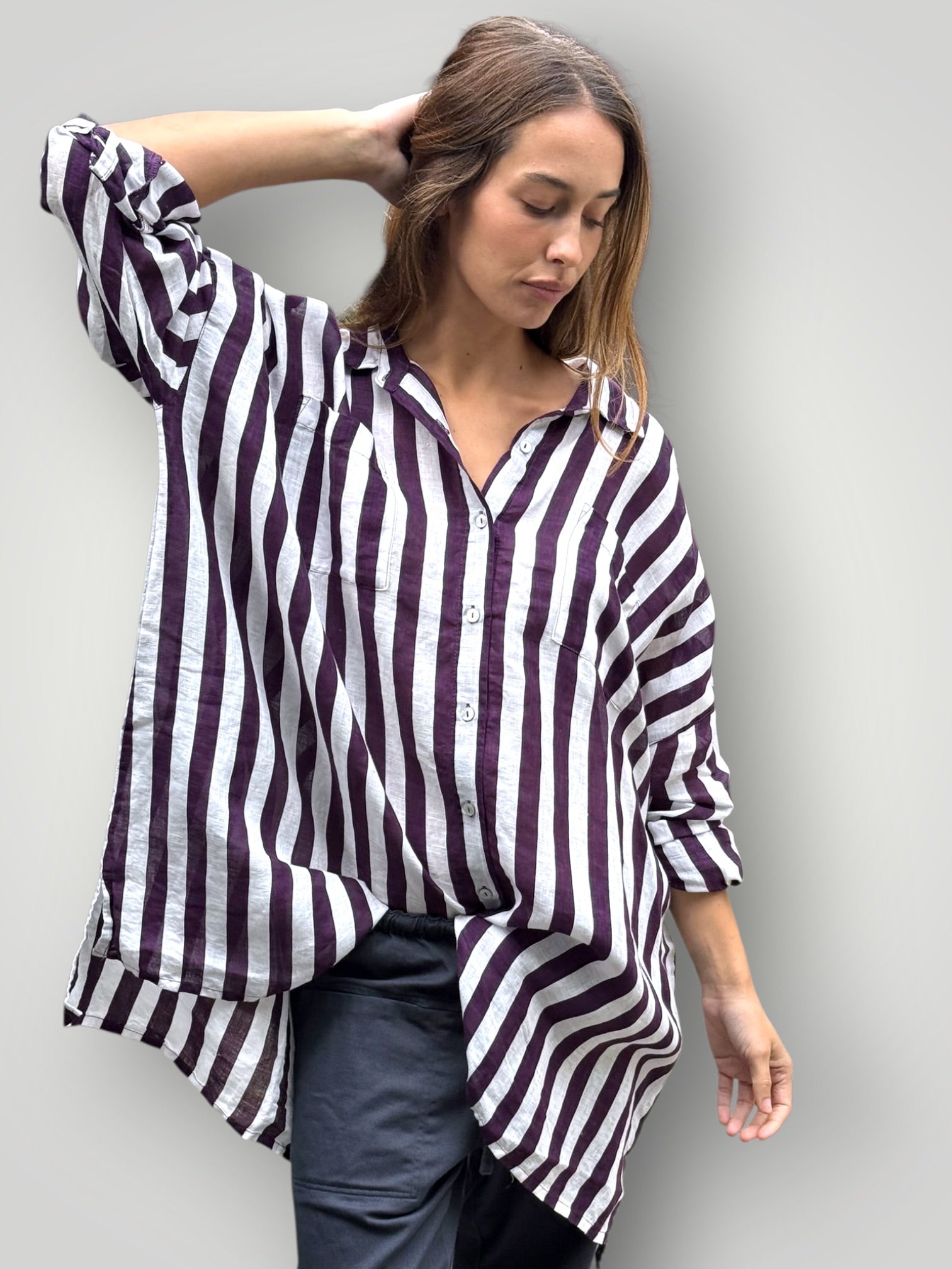 aiden boyfriend shirt -eggplant stripe linen Apparel