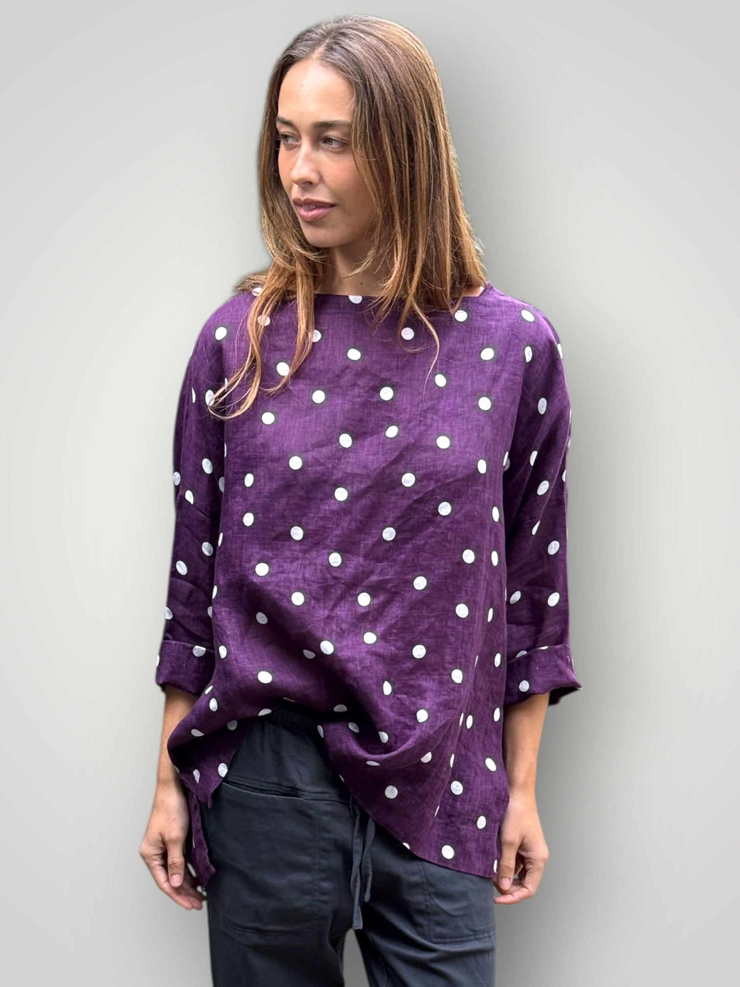avril top - eggplant spot linen Apparel