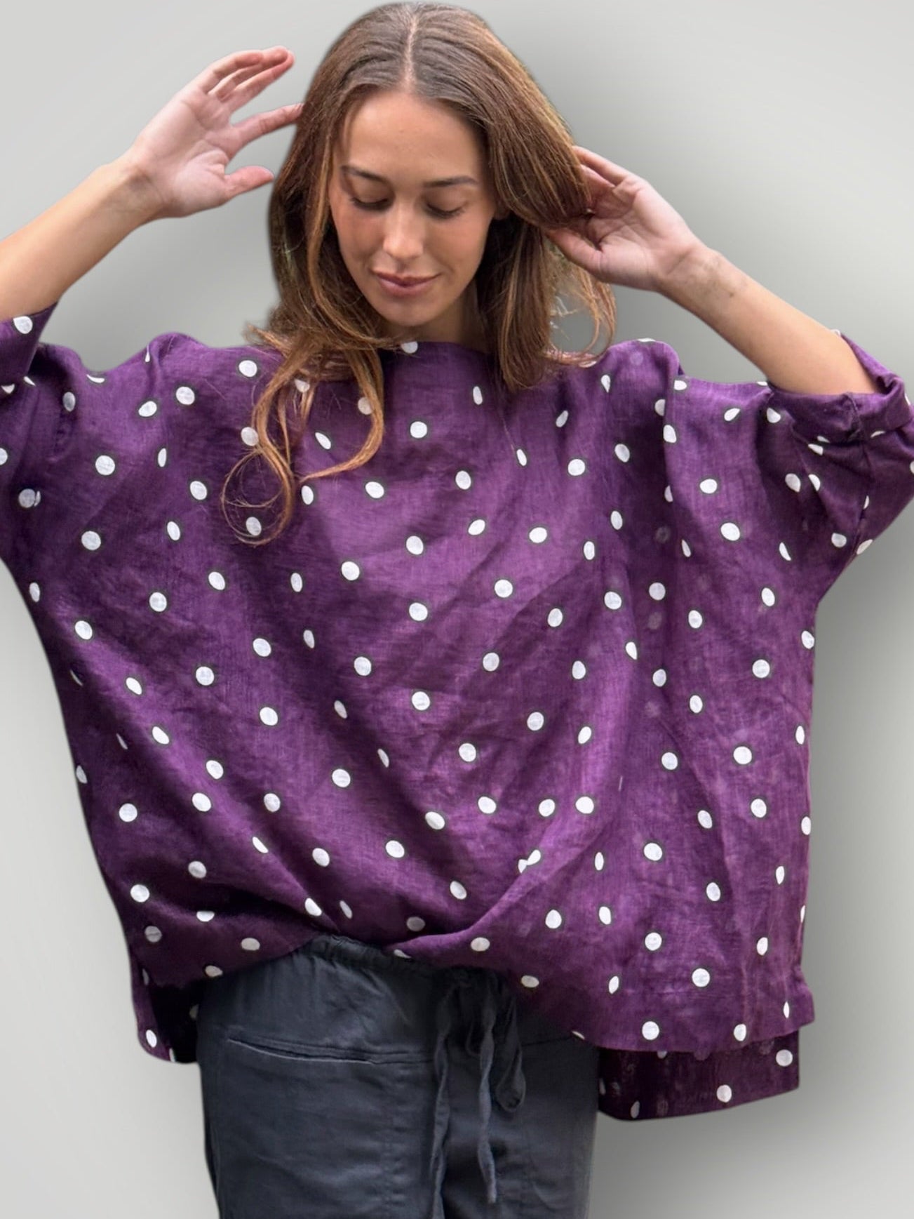 avril top - eggplant spot linen Apparel