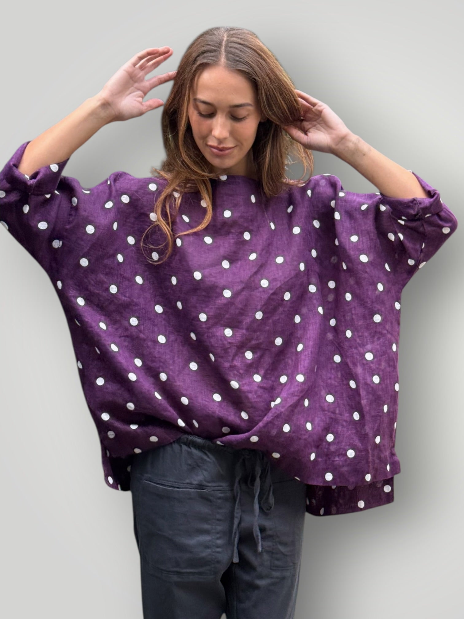 avril top - eggplant spot linen Apparel