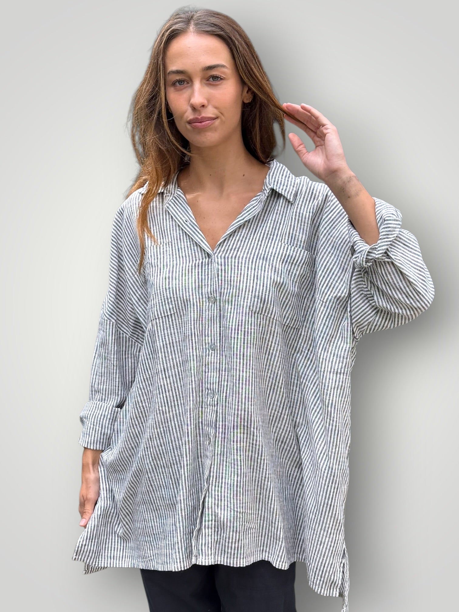 aiden oversized shirt -charcoal stripe Apparel